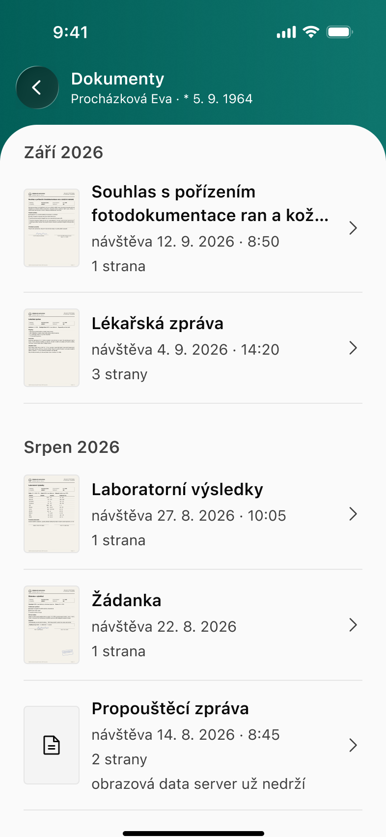Ansora Vulna patient document list with reports and scanned forms.