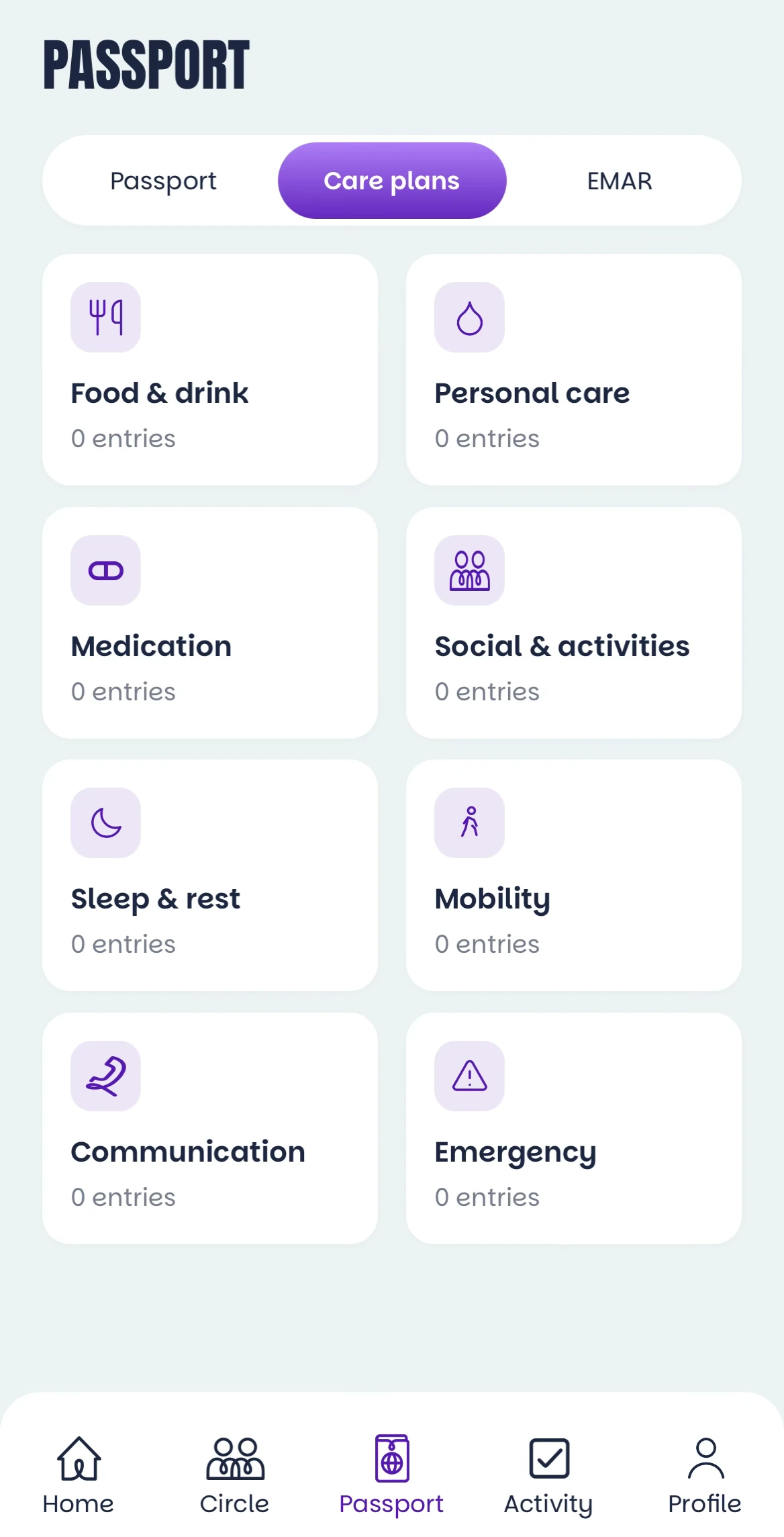 Kinable care passport with plans for meals, personal care, medication, activity, rest, mobility and communication.