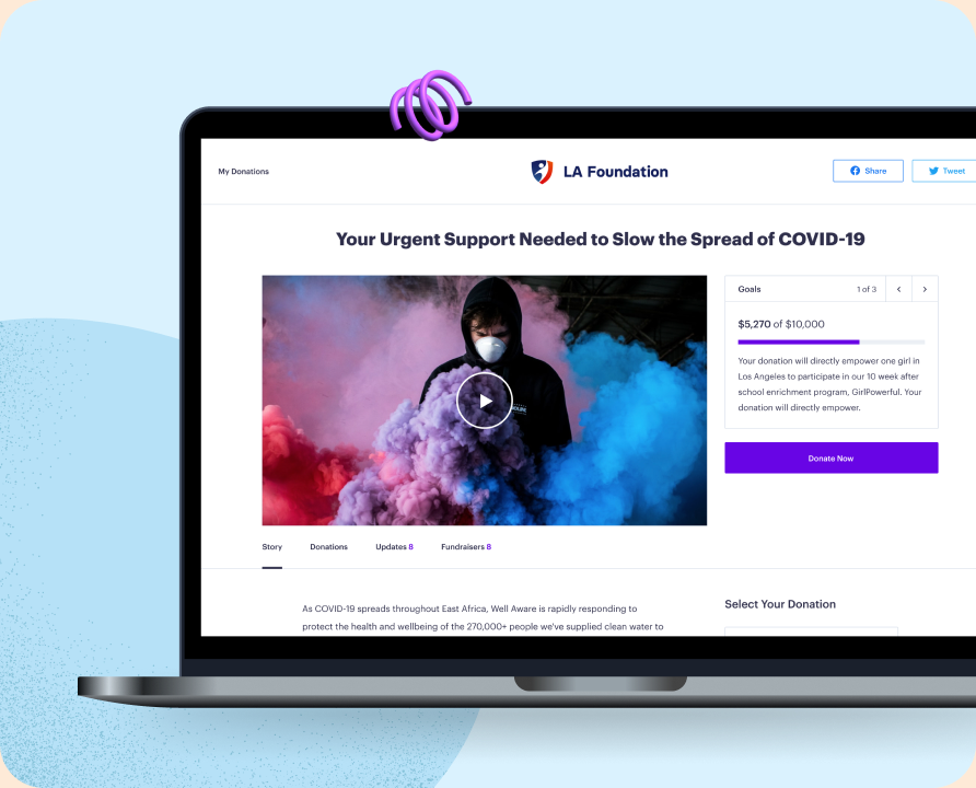 Kindest fundraising microsite with a campaign story, donation action and goal progress.