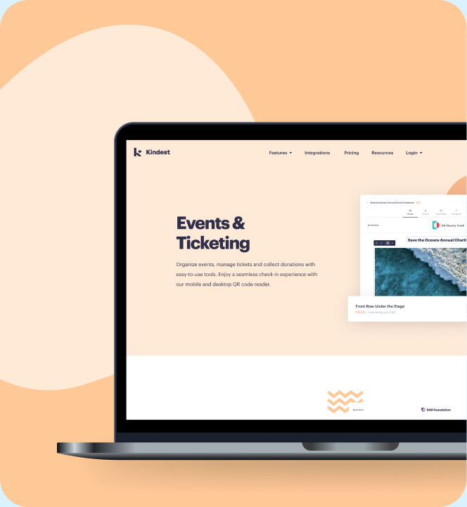 Kindest events and ticketing page in a laptop mockup.
