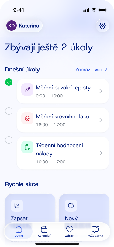 Medihome home screen showing today’s health tasks, completion status and quick actions.