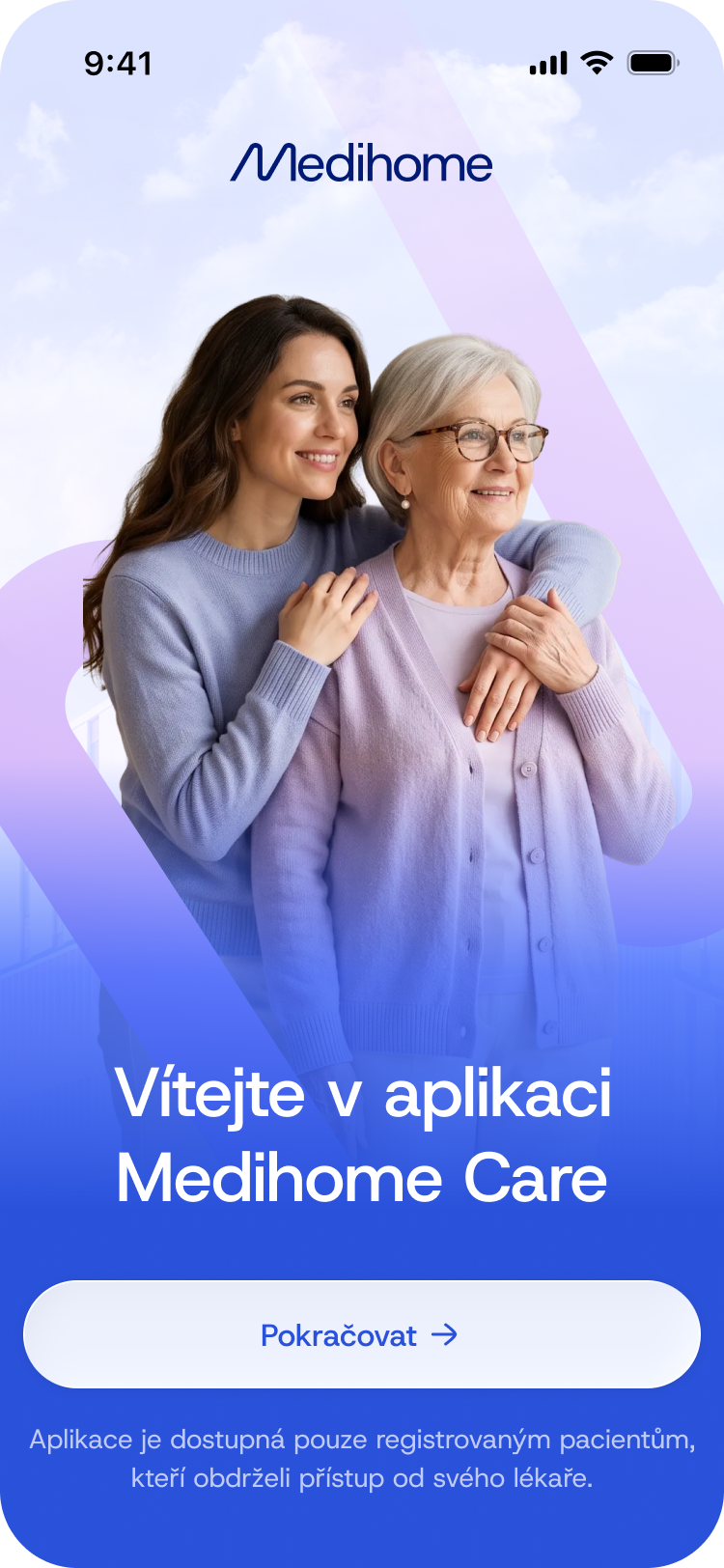Medihome Care welcome screen with the product logo, two women and a continue button.