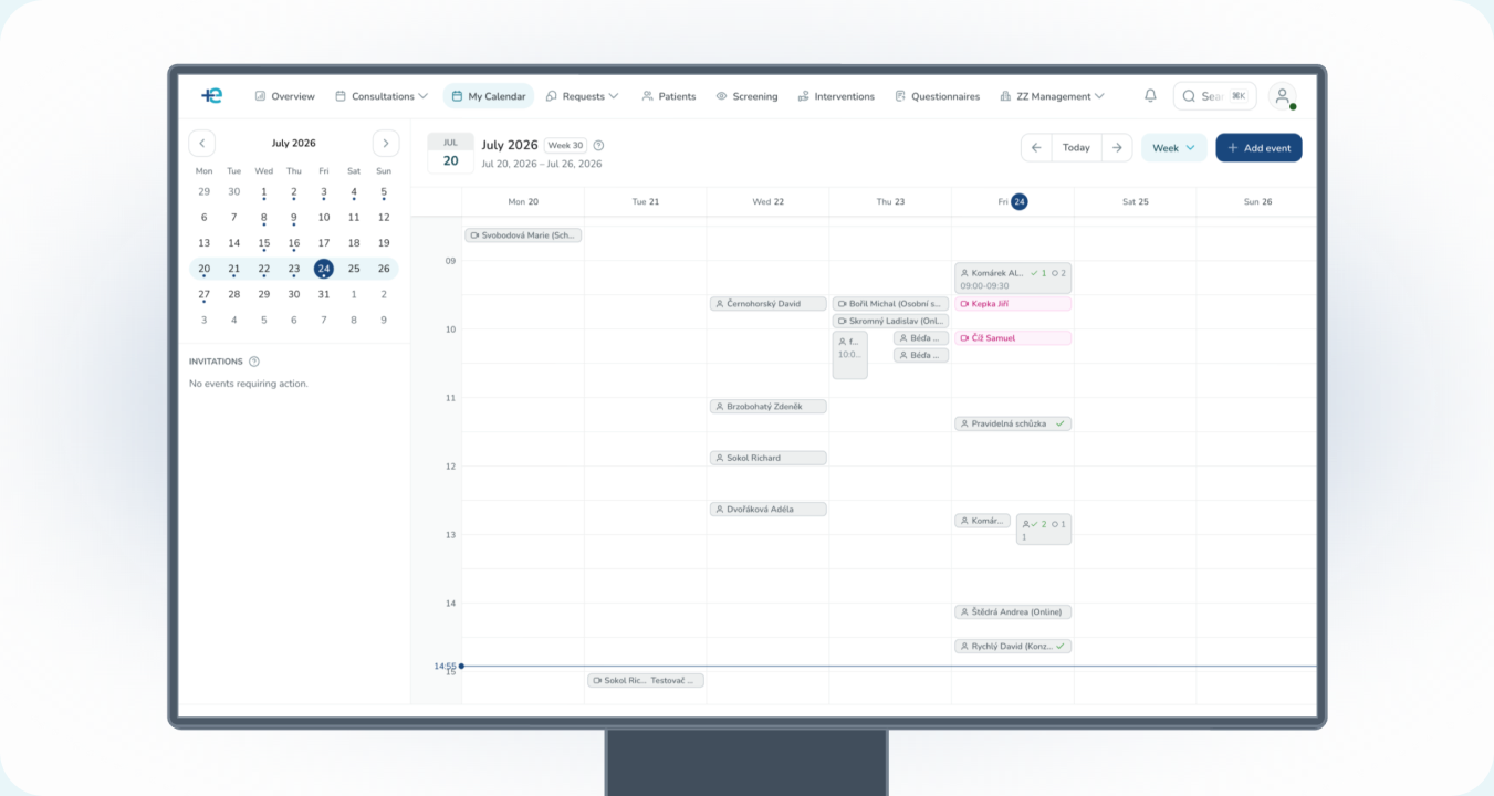 FNOL telemedicine weekly appointment calendar on a desktop monitor.