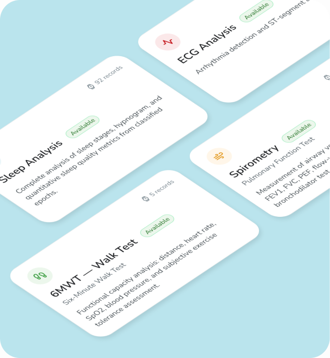 FNOL telemedicine assessment modules for sleep, ECG, spirometry and the six-minute walk test.