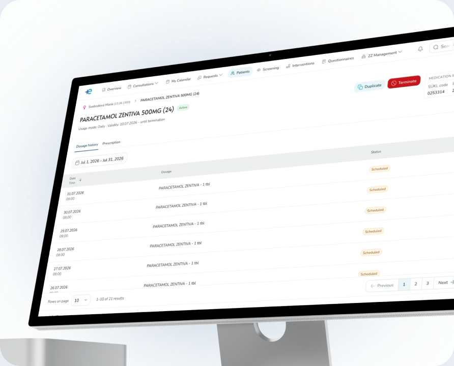 FNOL telemedicine medication detail with a scheduled dosage history.